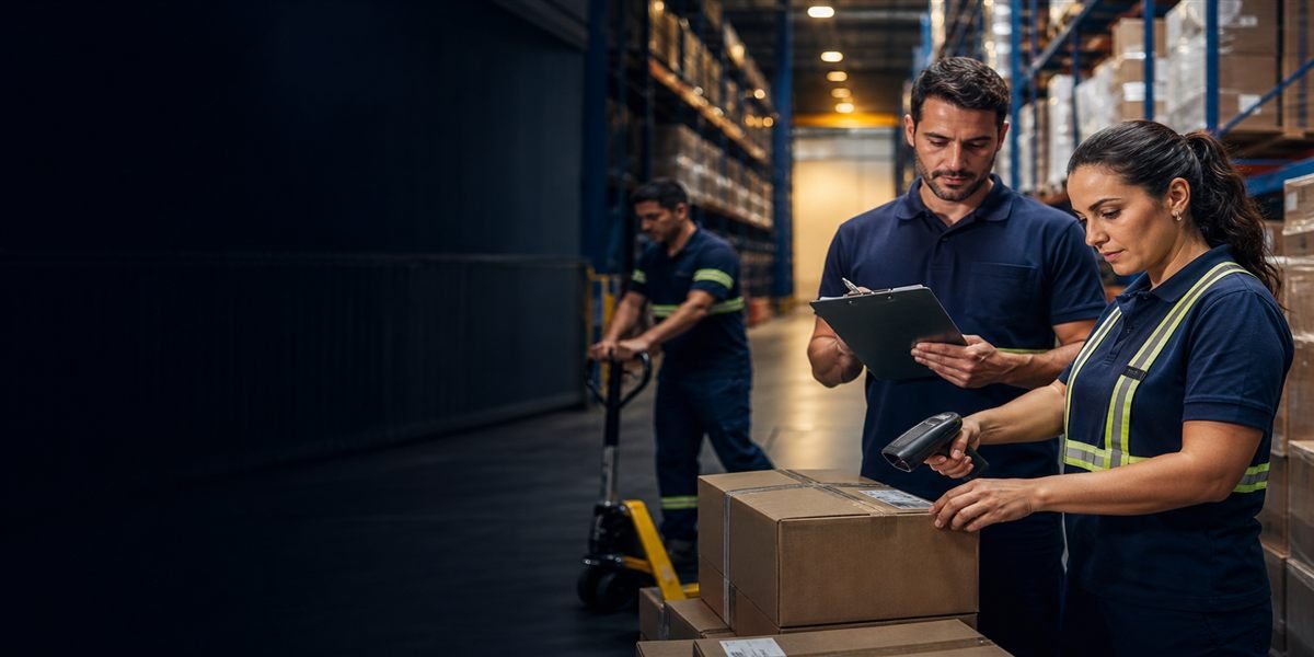 Profissionais confiantes atuando em uma operação de logística e distribuição